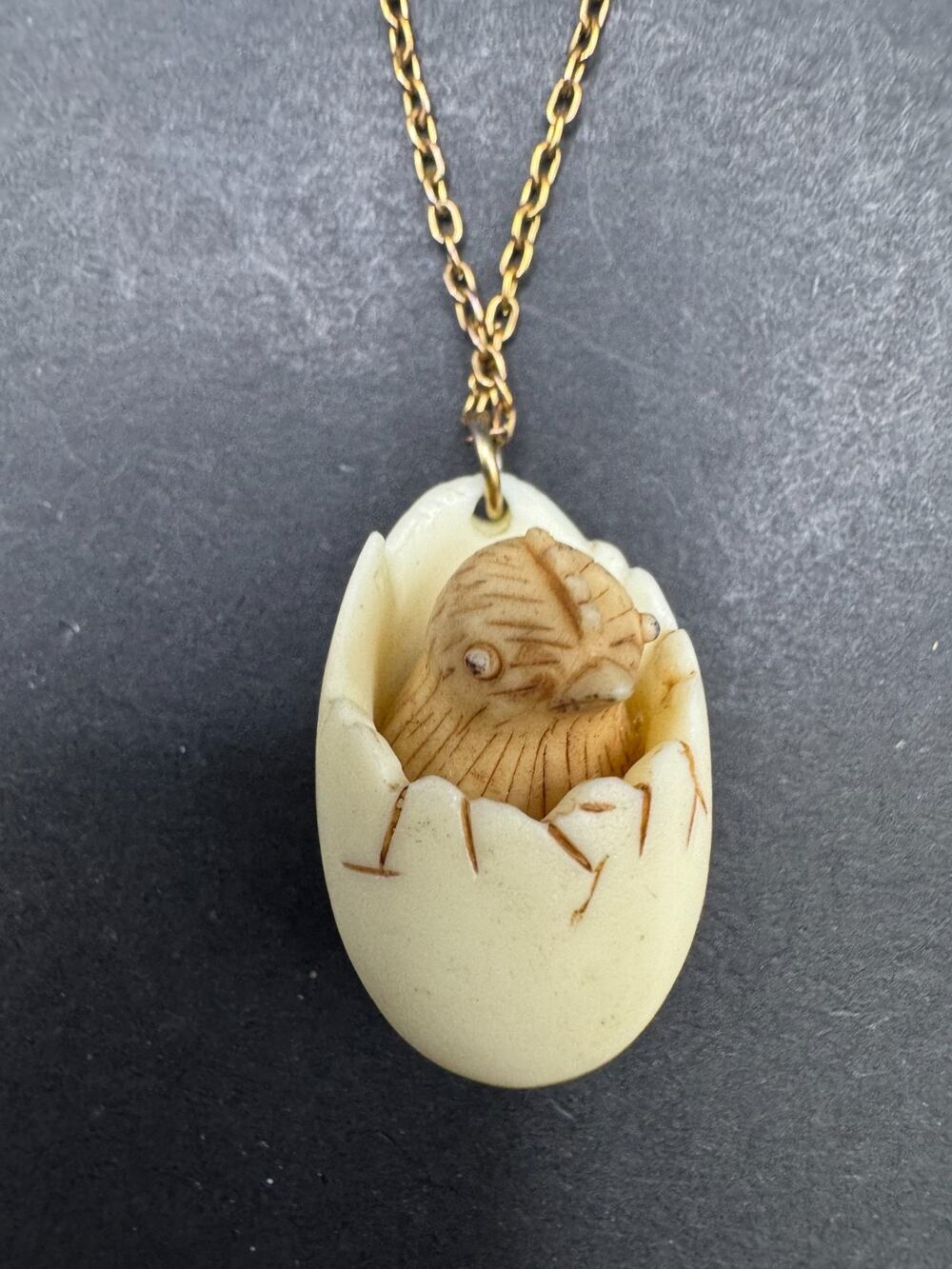 Vintage Luke Razza Resin Chick in Egg Pendant Gold Tone Chain Necklace Signed